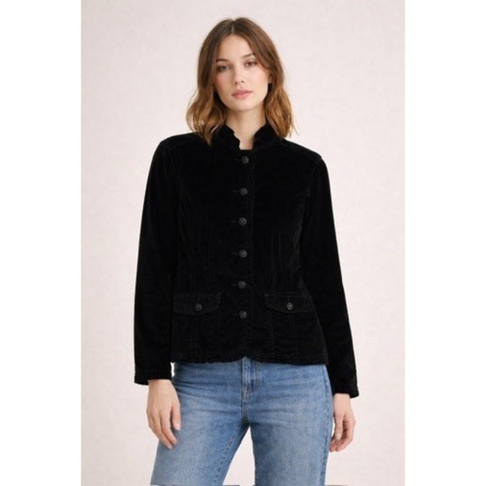 Dressbarn Black Corduroy Ruffle Trim Jacketโ Beaded Buttons Womens Large